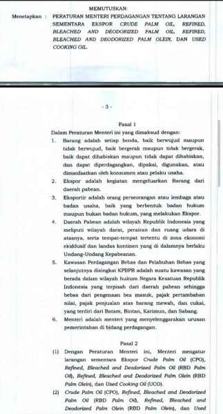 Permendag Nomor 22 tahun 2022 tentang Larangan Sementara Ekspor CPO