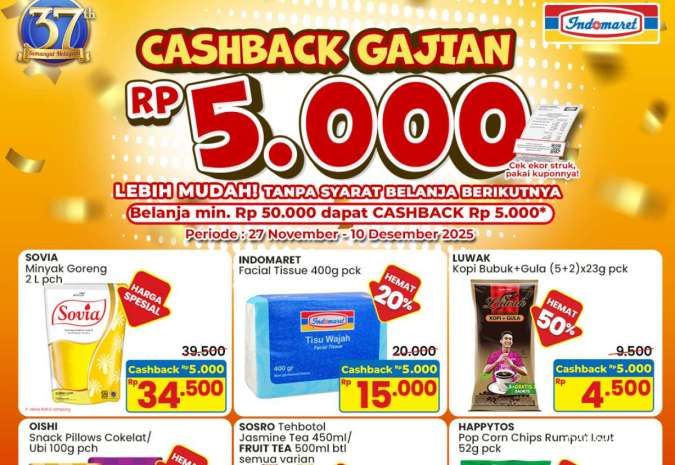 Promo Indomaret Gajian Awal Desember 2025, Dapatkan Cashback Rp 5.000 