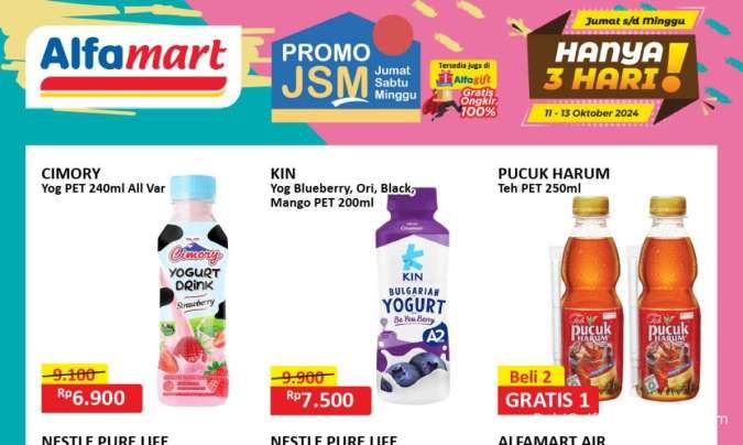 Promo JSM Alfamart 13 Oktober 2024, Teh Pucuk Harum & Air Mineral Beli 2 Gratis 1