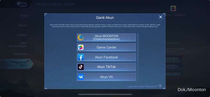 Tampilan menu ganti akun di Mobile Legends