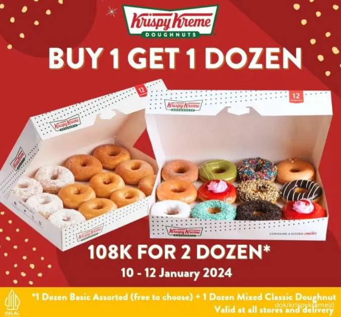 Promo Krispy Kreme 1012 Januari 2024, Beli 1 Gratis 1 Lusin Donat