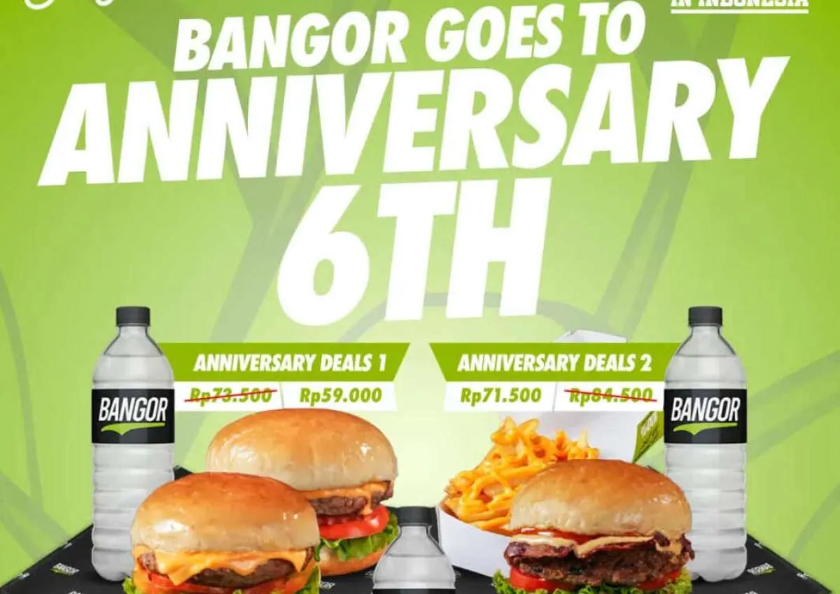 Promo Burger Bangor Anniversary 6th Via Online, 2 Burger + Drink Cuma Rp 59.000-an