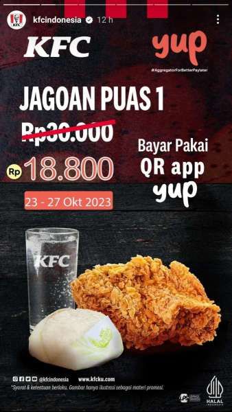 Promo KFC Jagoan Puas 1 Hanya Rp 18.800 dengan QR YUP di Bulan Oktober 2023