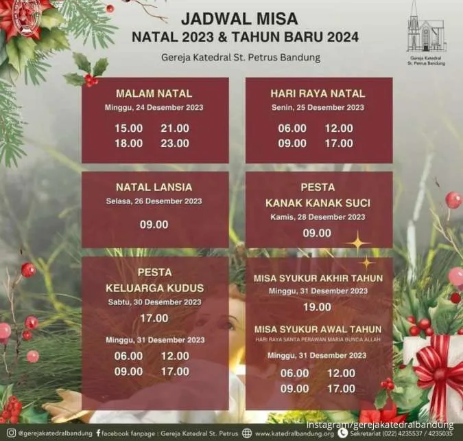 Jadwal lengkap Misa Natal 2023 & Tahun Baru 2024 di Gereja Katedral Bandung.