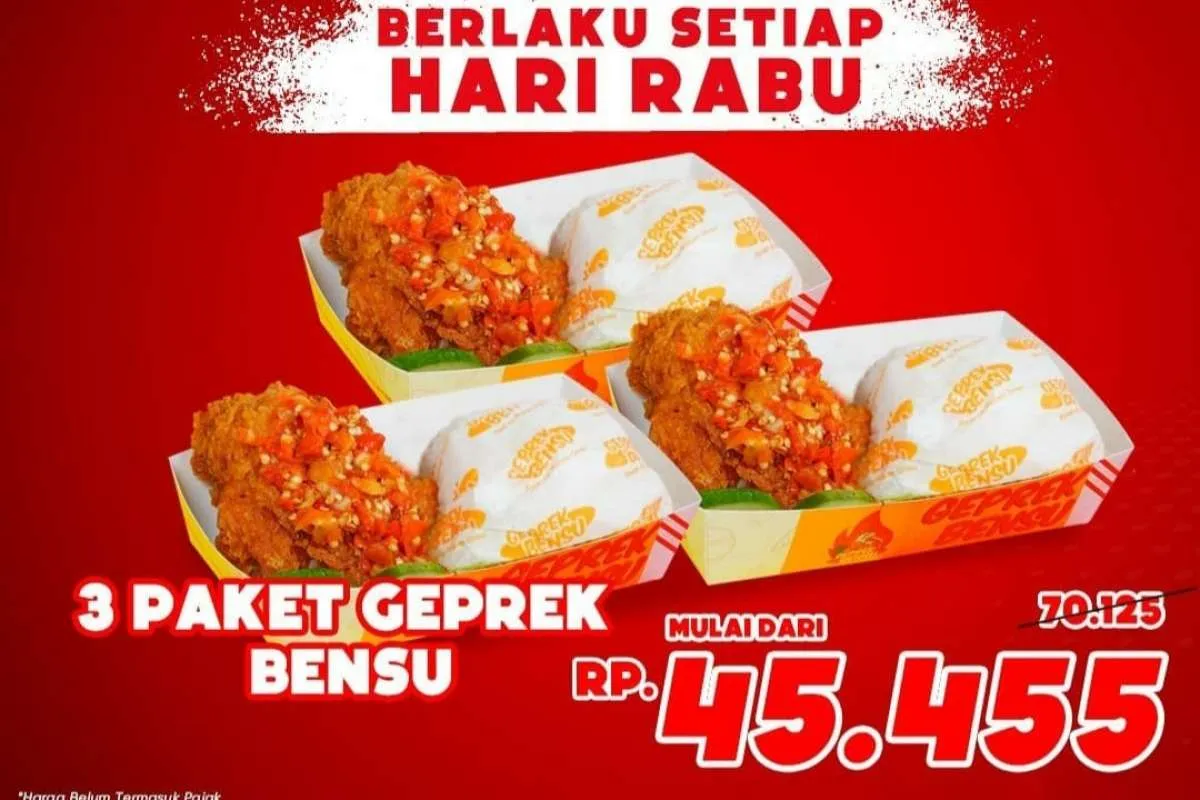 Rabu Kenyang! Promo Geprek Bensu 3 Paket Ayam Geprek dan Nasi Diskon Jadi Rp 45.455