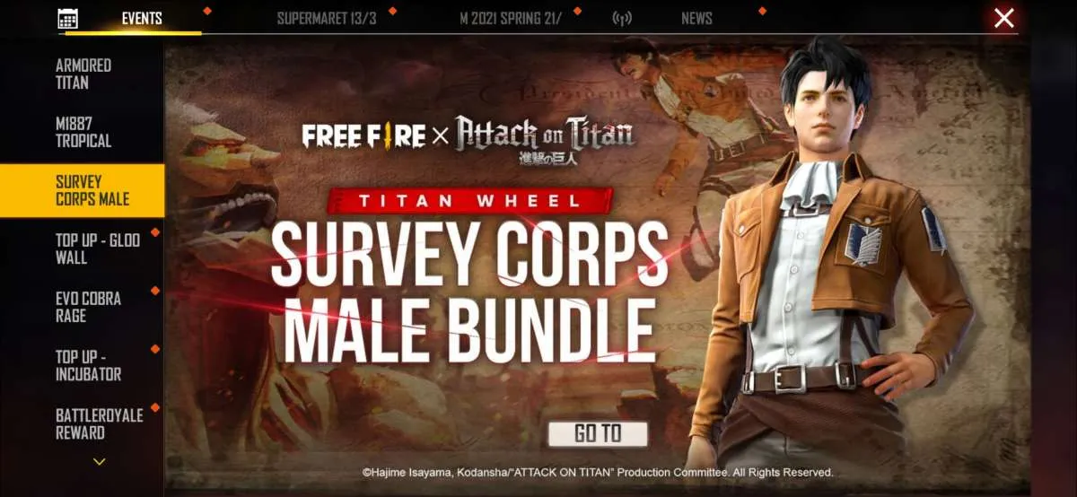 Mau dapetin kostum Survey Corps di Free Fire? Ini Diamond yang dibutuhkan untuk spin