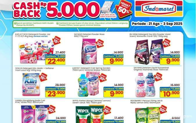 Promo Indomaret Cashback Rp 5.000 Bulan Agustus, Deterjen Lebih Hemat