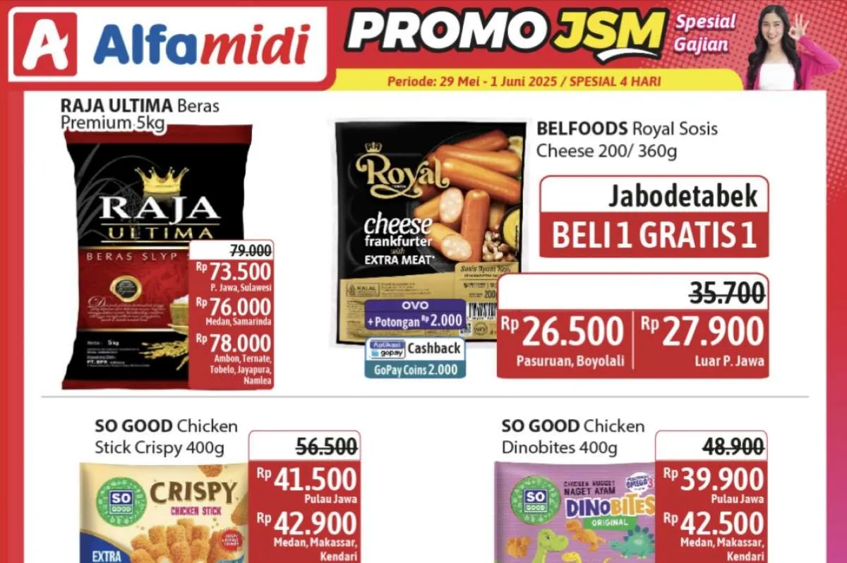 Katalog Promo JSM Alfamidi Periode 29 Mei-1 Juni 2025, Sosis Keju Beli 1 Gratis 1