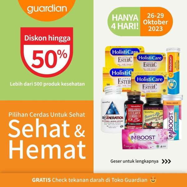 Promo Guardian Sehat & Hemat 26-29 Oktober 2023, Produk Kesehatan Diskon hingga 50%!