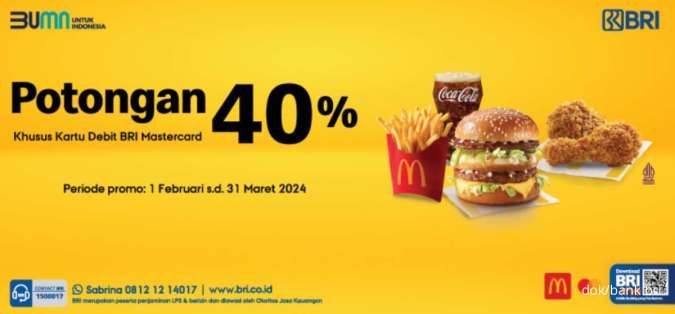 Promo McD Diskon 40% Pakai Debit BRI via McDelivery, Periode hingga 31 Maret 2024