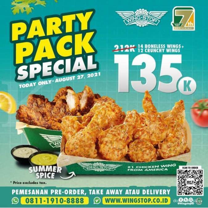 Promo Wingstop 27 Agustus 2021, 14 Boneless Wings + 12 Crunchy Wings Rp 135.000