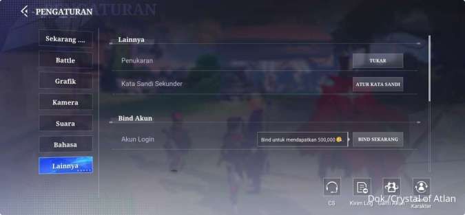 Tampilan menu Settings/Pengaturan di game Crystal of Atlan