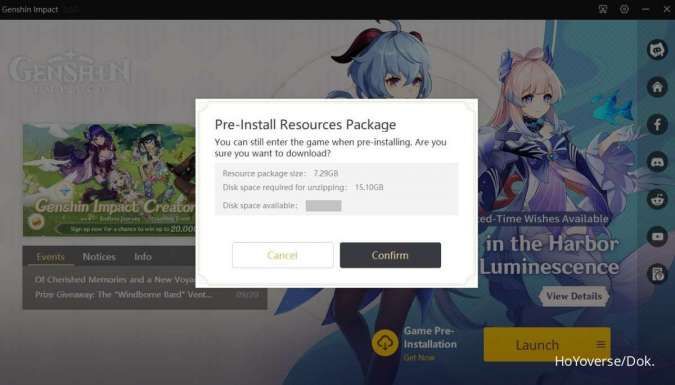 Ukuran download pra-unduh Genshin Impact 3.1 PC