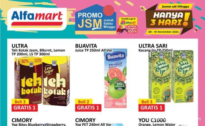 Promo JSM Alfamart Weekend 8-10 November 2024, Ada Teh Kotak Beli 3 Gratis 1