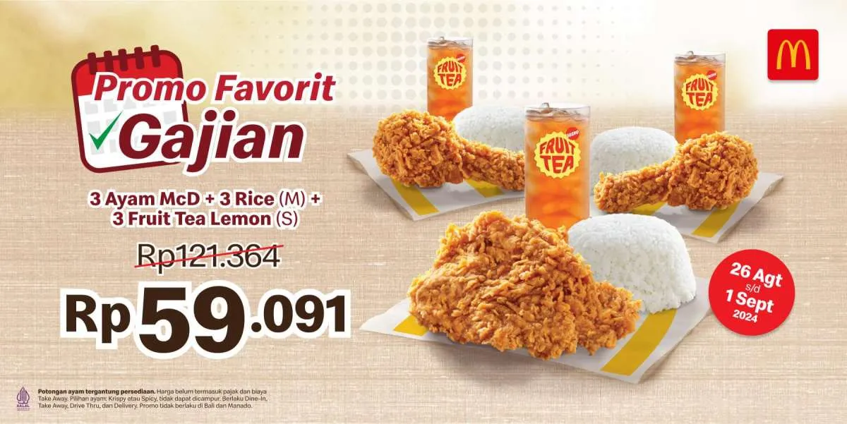 Promo McD Paket Favorit 3 Ayam, 3 Nasi, 3 Lemon Tea Rp 59.091 s.d 1 September