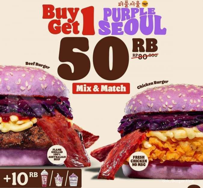 Promo Burger King Terbaru, Buy 1 Get 1 Paket Purple Seoul dari Burger hingga Es Krim