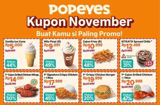 Promo Popeyes Kupon November 2025: Pilihan Menu Banyak, Diskon Gede sampai 52%