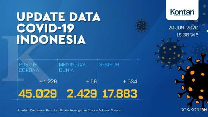 UPDATE Corona Indonesia, Sabtu (20/6): 45.029 positif, 17.883 sembuh, 2.429 meninggal
