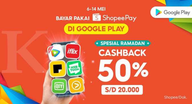 Promo: Bayar di Google Play pakai ShopeePay dapatkan cashback 50% hingga 20.000 koin