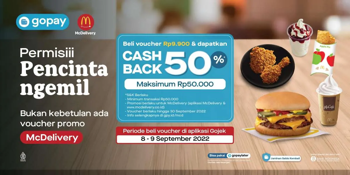 Promo 9.9 McD, Beli Voucher Rp 9.900 Dapat Cashback 50% via GoPay di Semua Menu McD