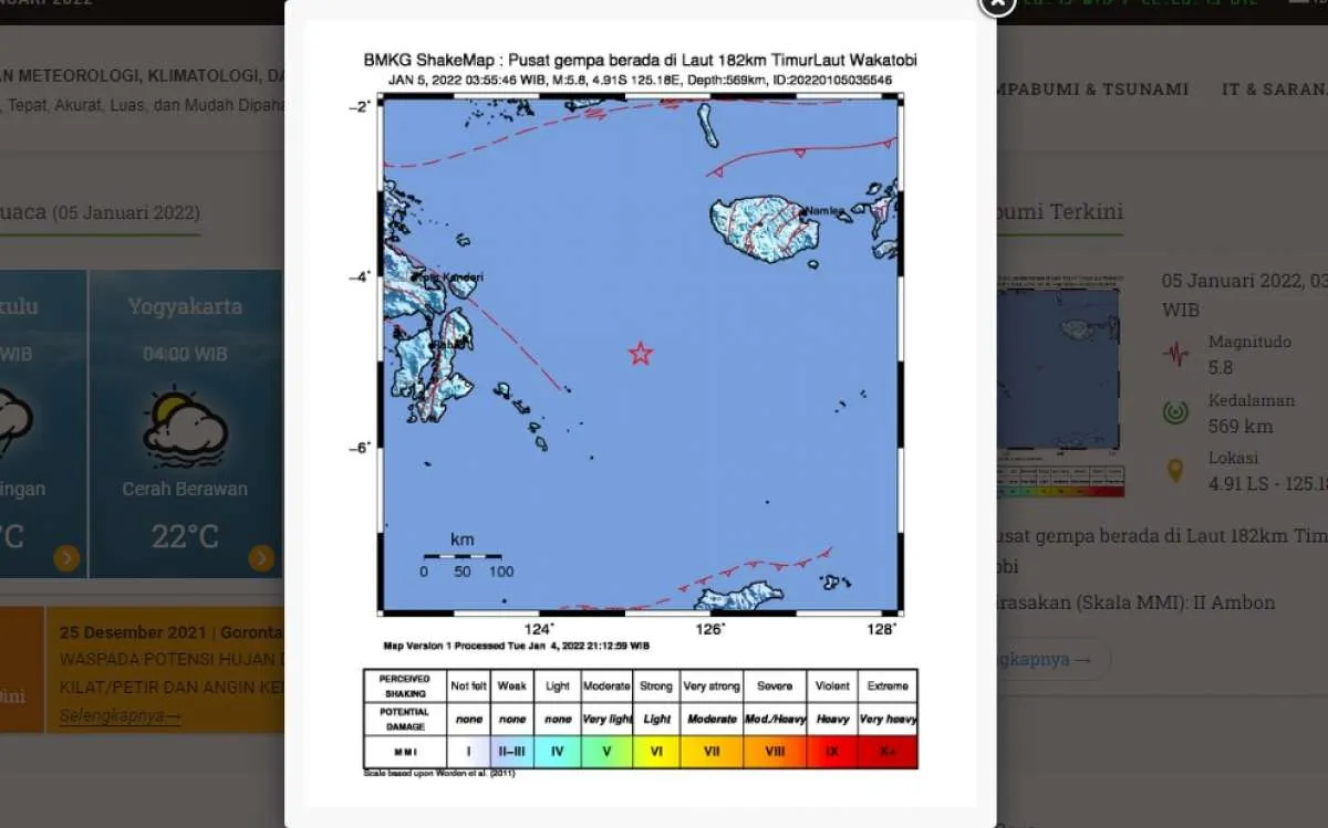 BMKG Mencatat Gempa Terkini Magnitudo 5,8 di Ambon, Menjelang Subuh (5 Januari 2021)