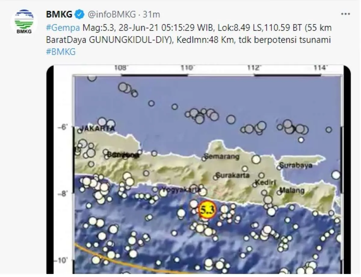 BMKG mencatat gempa magnitudo 5,3 di barat daya Gunung Kidul (28 Juni 2021) 