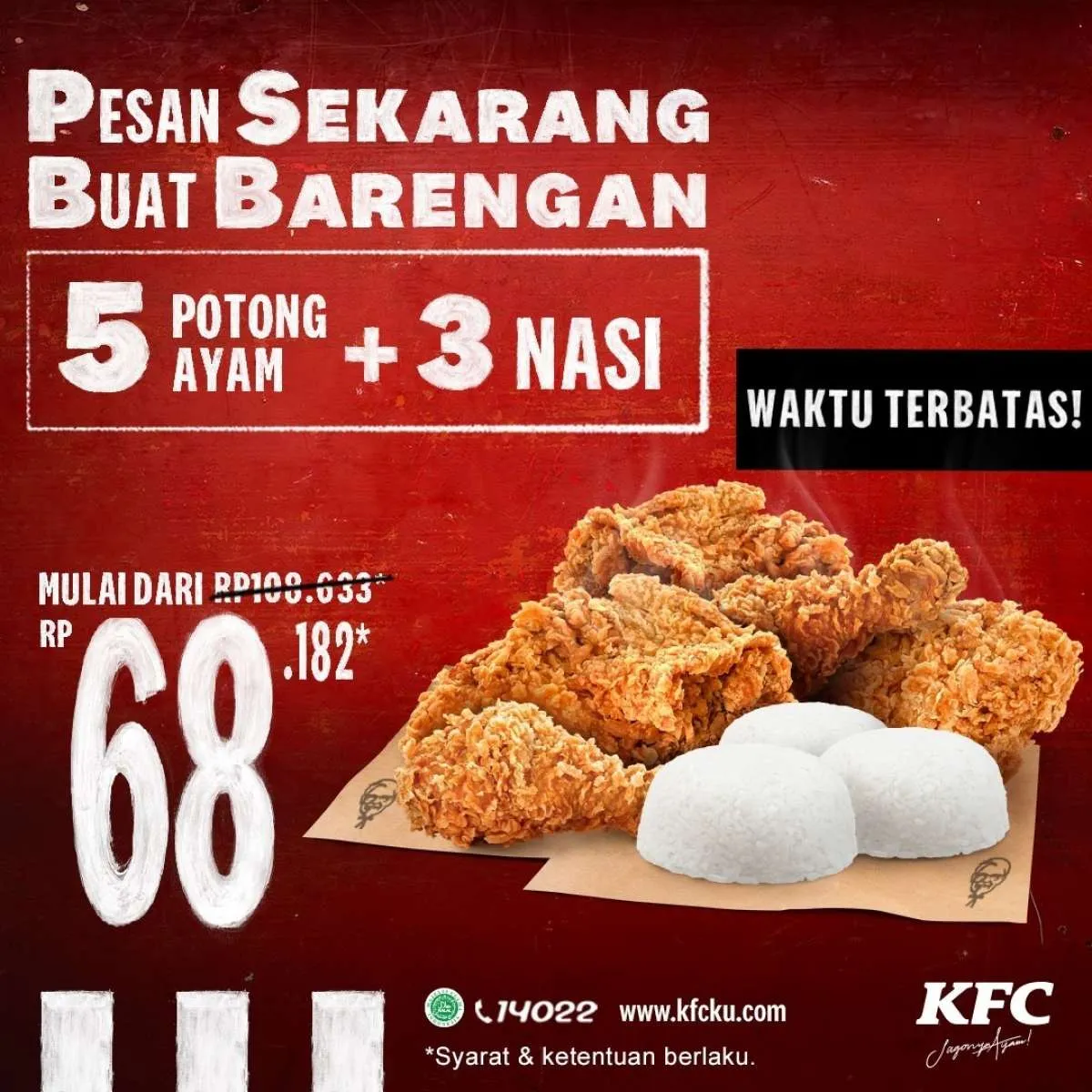 Cek promo KFC hari ini 6 Maret 2021, 5 potong ayam dan 3 nasi mulai Rp 68.182!