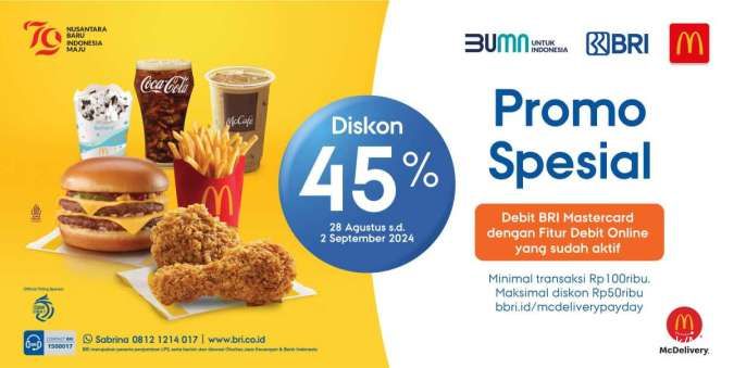 Promo McD x BRI Hari Ini 2 September 2024, Diskon 45% Pakai Debit BRI Mastercard