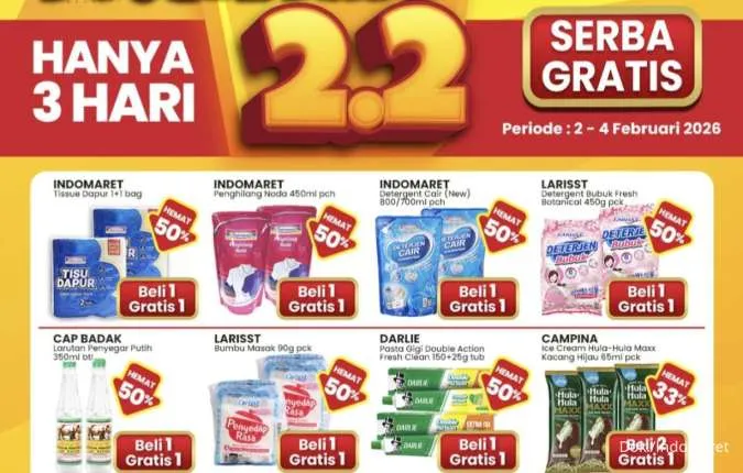 Promo 2.2 Indomaret Periode 2-4 Februari 2026, Beli 1 Gratis 1 dan Beli 2 Gratis 1