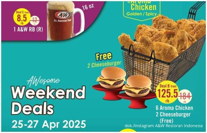 Promo A&W Weekend Deals 25-27 April, Paket Hemat Akhir Bulan Free 2 Cheeseburger