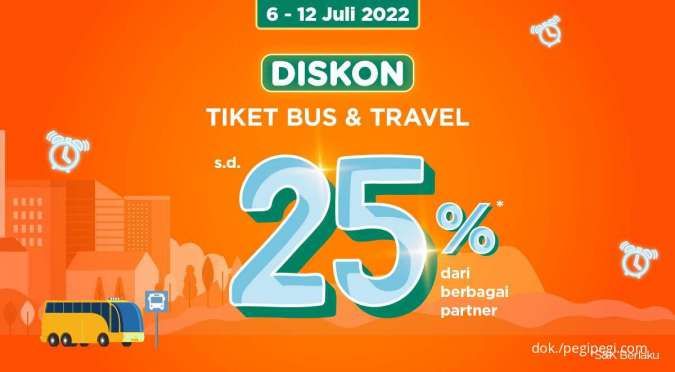 Promo PegiPegi Time 7.7, Diskon Tiket Bus & Travel hingga 25% dari Berbagai Bank
