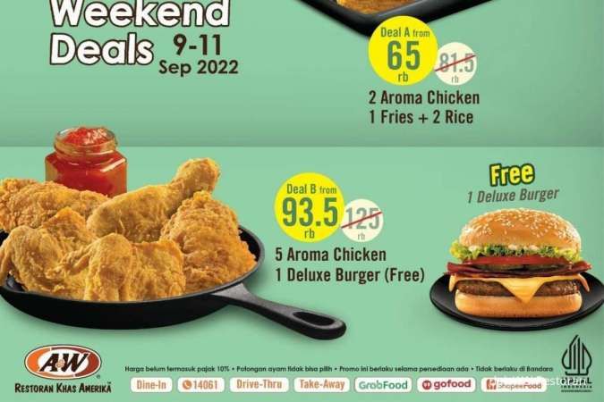 Promo Weekend Deals AW Resto 9-11 September, Beli Paket Ayam Gratis 1 Burger