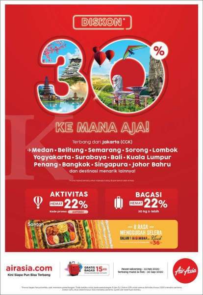 Berlaku sampai besok, AirAsia beri diskon 30% tiket pesawat domestik dan luar negeri