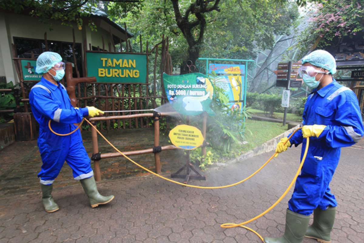 Penyemprotan disinfektan Taman Mini Indonesia Indah