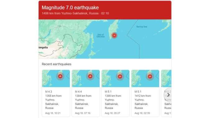 Gempa Berkekuatan 7,2 SR Mengguncang Lepas Pantai Kamchatka, Rusia