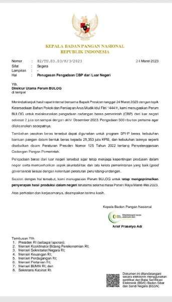 Surat Penugasan Impor Beras