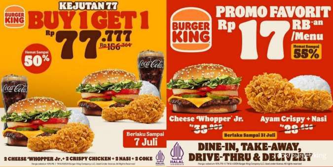 Promo Kejutan 7.7 Burger King Buy 1 Get 1 Hemat Sampai 50% Burger-Ayam