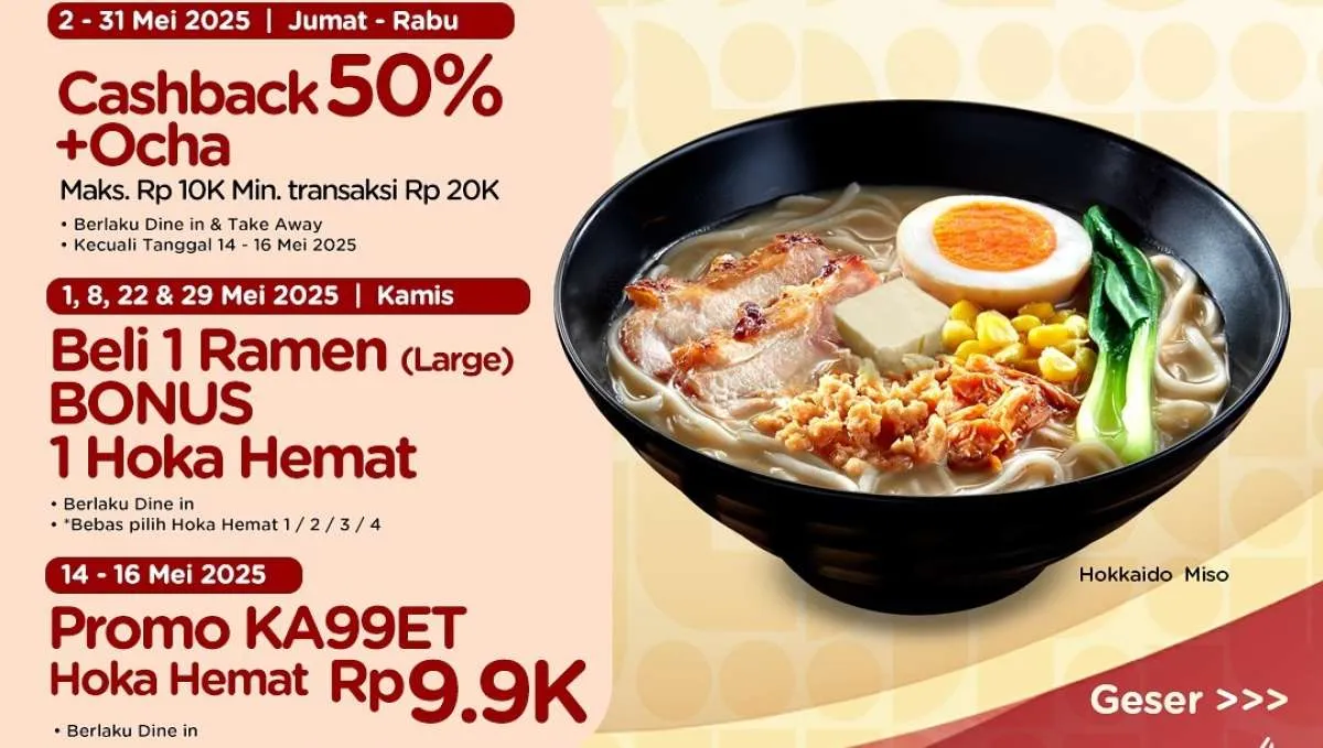 Promo Hokben dan Bank Saqu Kamis 29 Mei 2025, Beli 1 Ramen Bonus 1 Hoka Hemat