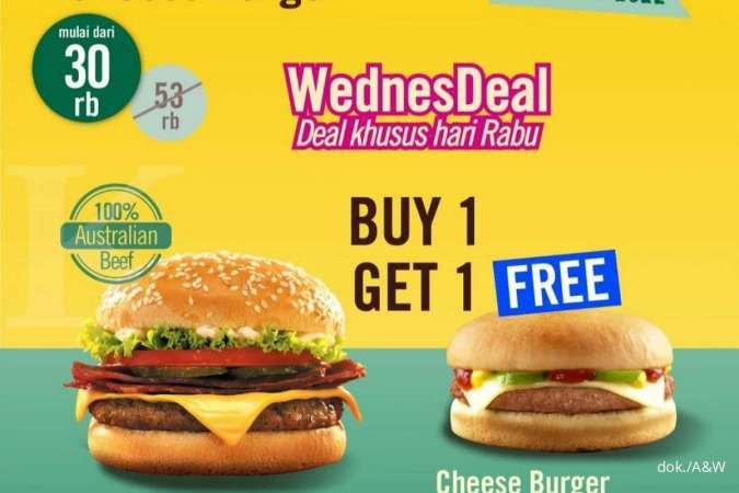 Promo A&W 1-31 Maret 2022, WednesDeal Buy 1 Get 1 Burger Rp 30.000