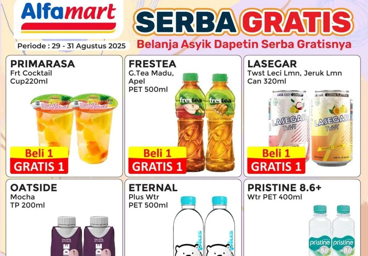 Promo Alfamart Serba Gratis 29-31 Agustus 2025, Beli 1 Gratis 1 Aneka Minuman