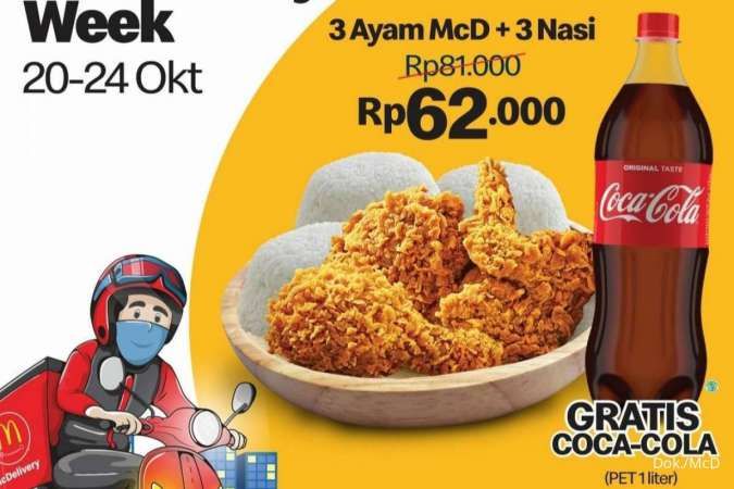 Promo McD 20-24 Oktober 2021, 3 Ayam + 3 Nasi Gratis Coca Cola 1 Liter Rp 62.000
