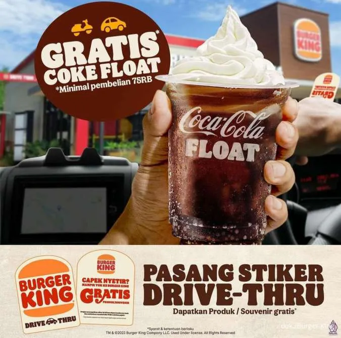 Promo Burger King Desember 2023: gratis Coke Float via drive thru