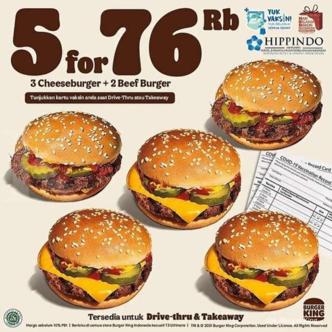 Promo Burger King September 2021, 5 Burger Isi Keju & Daging Cuma Rp 76.000