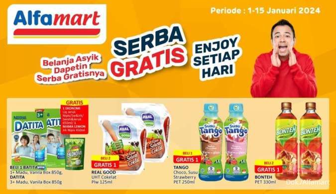 Promo Alfamart Serba Gratis s/d 15 Januari 2024, Susu hingga Camilan Beli 1 Gratis 1!
