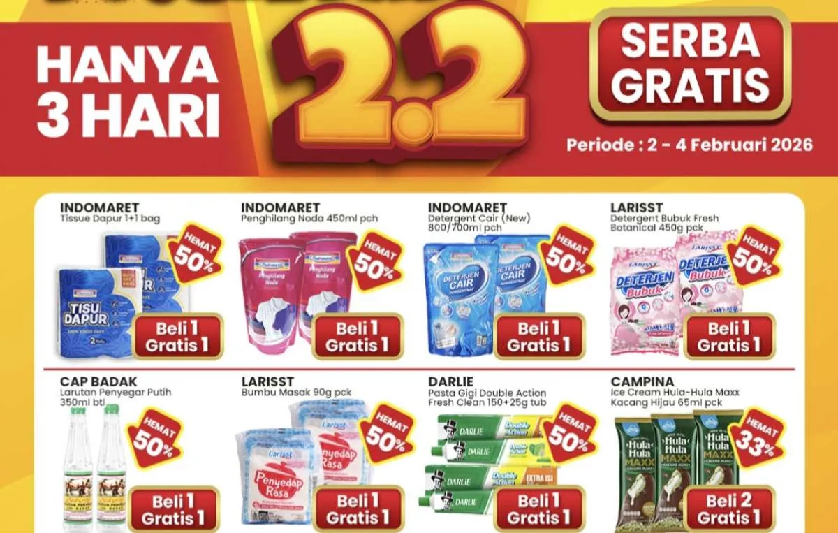 Promo 2.2 Indomaret Periode 2-4 Februari 2026, Beli 1 Gratis 1 dan Beli 2 Gratis 1