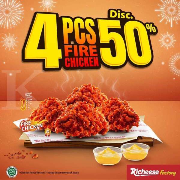 Promo Richeese Factory special tahun baru 31 Desember 2020, 4 fire chicken Rp 38.182!