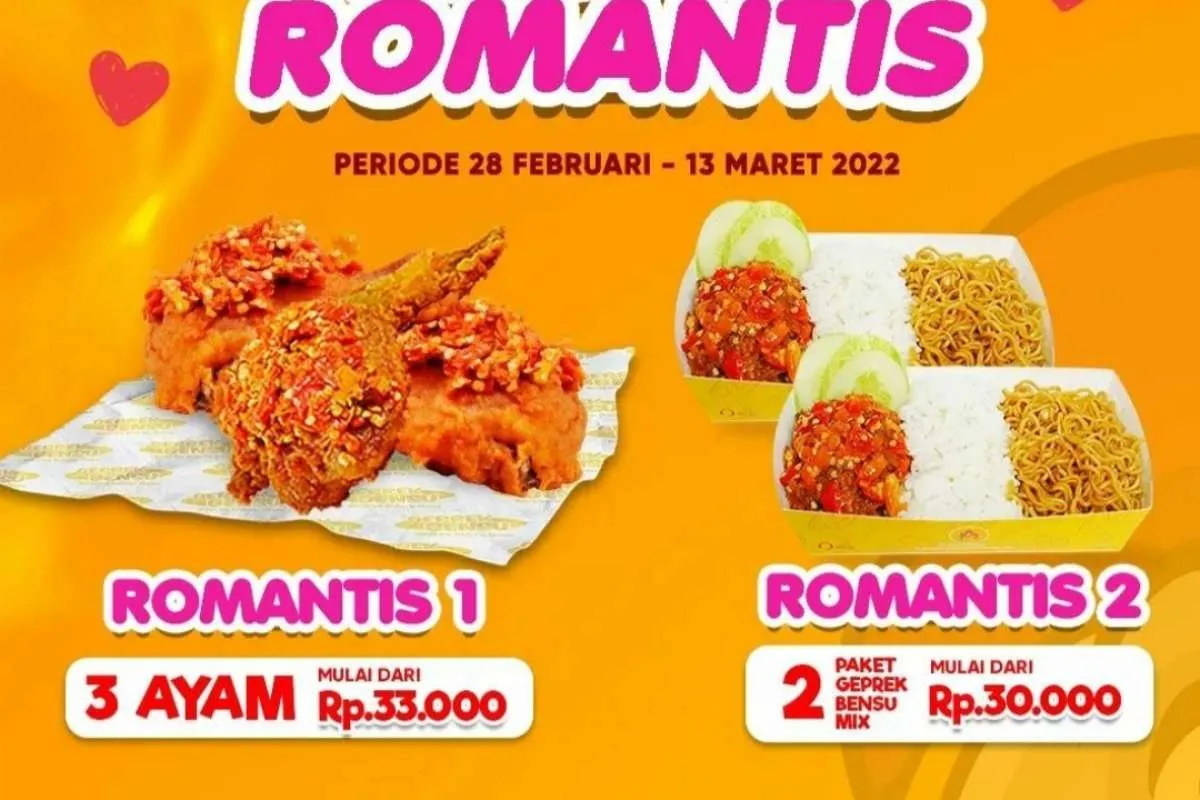Promo Geprek Bensu 1-13 Maret 2022, Hadir 2 Paket Romantis Mulai Rp 30.000