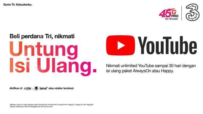 Tambahan kuota unlimited Youtube bagi pengguna baru 3 Indonesia 