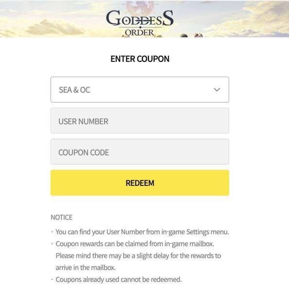 Tampilan website penukaran kode redeem Goddess Order