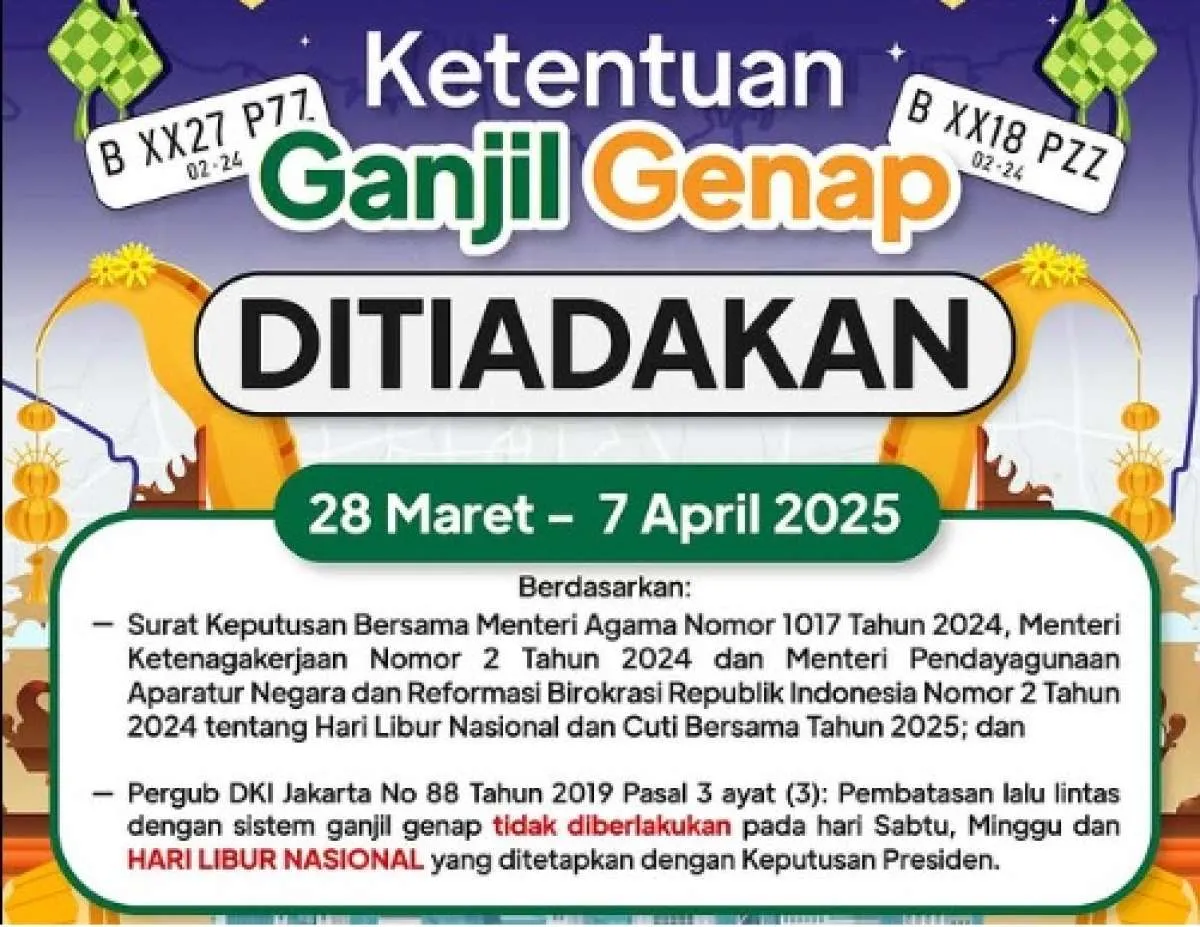 Ketentuan Ganjil Genap Jakarta Selama Cuti Bersama, Nyepi, dan Lebaran 2025 